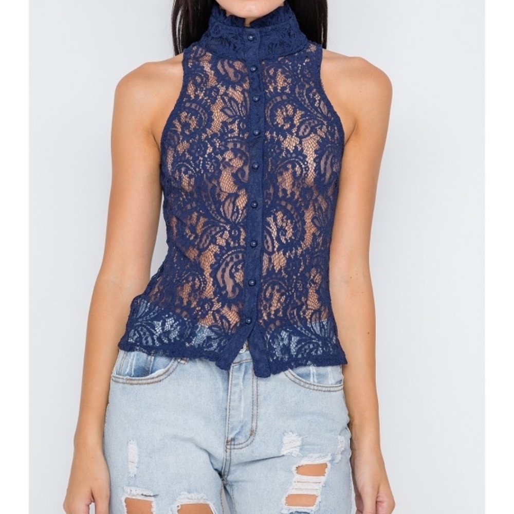 Nasty Gal mock-neck sheer button‎ down lace…